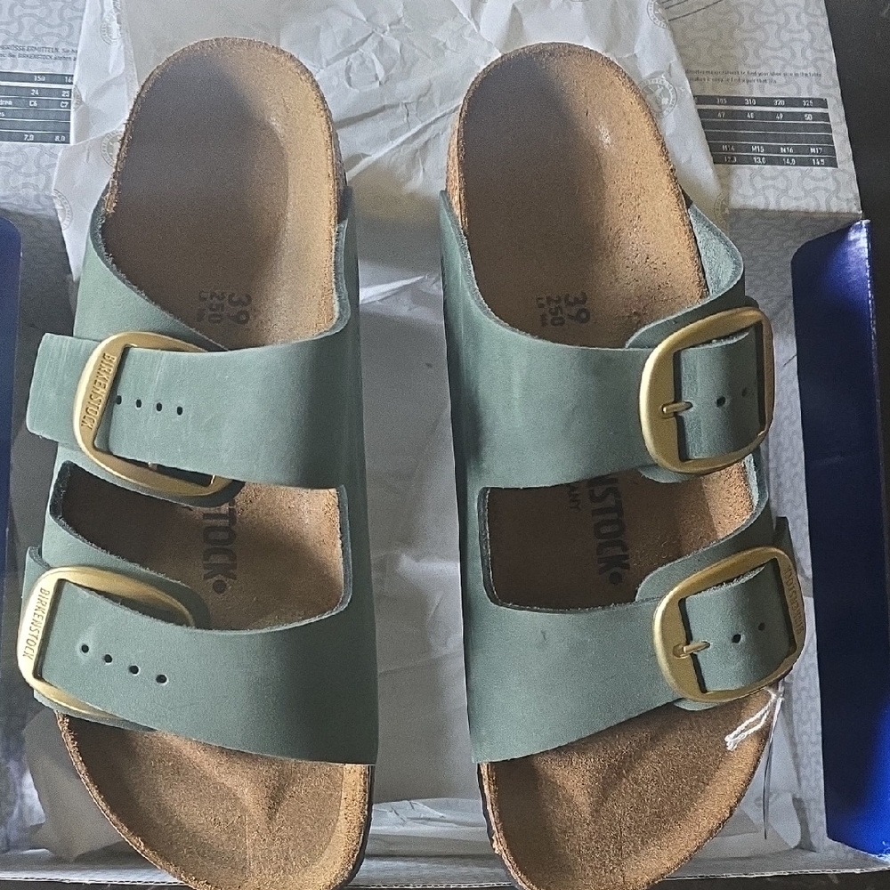 Birkenstock Women Olive Sandals with Gold Buckles